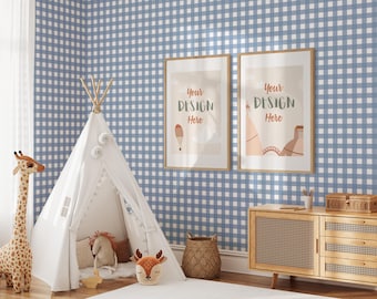 Removable wallpaper blue gingham, peel and stick wallpaper, kids room decor, nursery wall art #2162