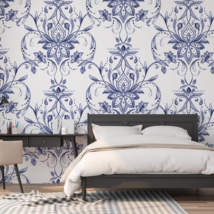 Paisley Blue Flowers Wallpaper | Self Adhesive Wallpaper, Removable Wallpaper, Temporary Wallpaper, Peel and Stick Wallpaper #415