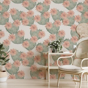Cacti Wallpaper, Green Cactus Floral Wall Art, Pink Flowers, Watercolor Wallpaper, Green Cactus Peel and Stick Wallpaper #97
