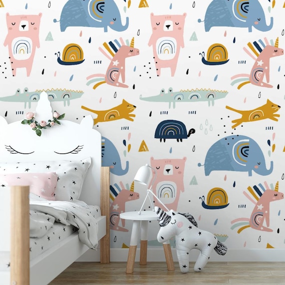 Funny Rainbow Animals Kids Wallpaper Self Adhesive - Etsy