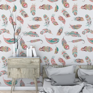 Rainbow Feathers Wallpaper | Self Adhesive Wallpaper, Removable Wallpaper, Temporary Wallpaper, Peel and Stick Wallpaper #80