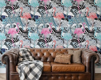 Wildlife animals 70s style wallpaper, removable wallpaper, pink flamingo, large animals wallpaper, 70s wallpaper #101