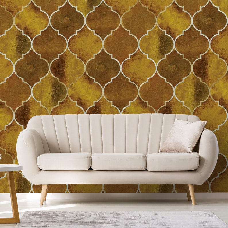 Yellow Moroccan Pattern Wallpaper, Self Adhesive Wallpaper, Removable Wallpaper, Temporary Wallpaper, Peel and Stick Wallpaper 507 image 4