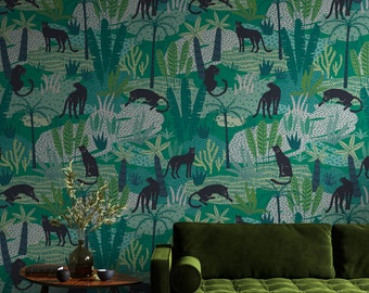 Tropical Life Wallpaper, Jungle Wallpaper, Black Cat Cheetah Wallpaper, Watercolor Colors Wallpaper, Green Wall Decor, Exotic Wall Art #1289