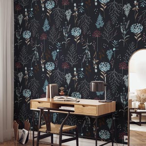 Dark Garden Blue Theme Wallpaper, Blue and Red Flowers and Twigs, Aesthetic Blue Wallpaper Accent Wall, Vintage Wallpaper #1349
