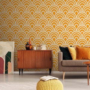 Removable Wallpaper, 70s Wallpaper, Yellow Seigaiha, Geometric Wall Decor, Peel and Stick Wallpaper, Vinyl Wallpaper, Retro Room Decor #496