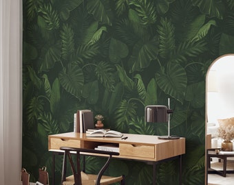 Botanical Dark Leaves Wallpaper, Self Adhesive Wallpaper, Removable Wallpaper, Peel and Stick, Dark Green Wallpaper, Vintage Wall Art #1014