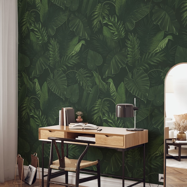 Botanical Dark Leaves Wallpaper, Self Adhesive Wallpaper, Removable Wallpaper, Peel and Stick, Dark Green Wallpaper, Vintage Wall Art #1014