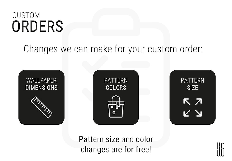 K&ouml;nnte beinhalten: Grafik mit dem Text &bdquo;INDIVIDUELLE BESTELLUNGEN&ldquo; und &bdquo;&Auml;nderungen, die wir f&uuml;r Ihre individuelle Bestellung vornehmen k&ouml;nnen:&ldquo;. Es zeigt Symbole f&uuml;r Tapetenabmessungen, Musterfarben und Mustergr&ouml;&szlig;e.