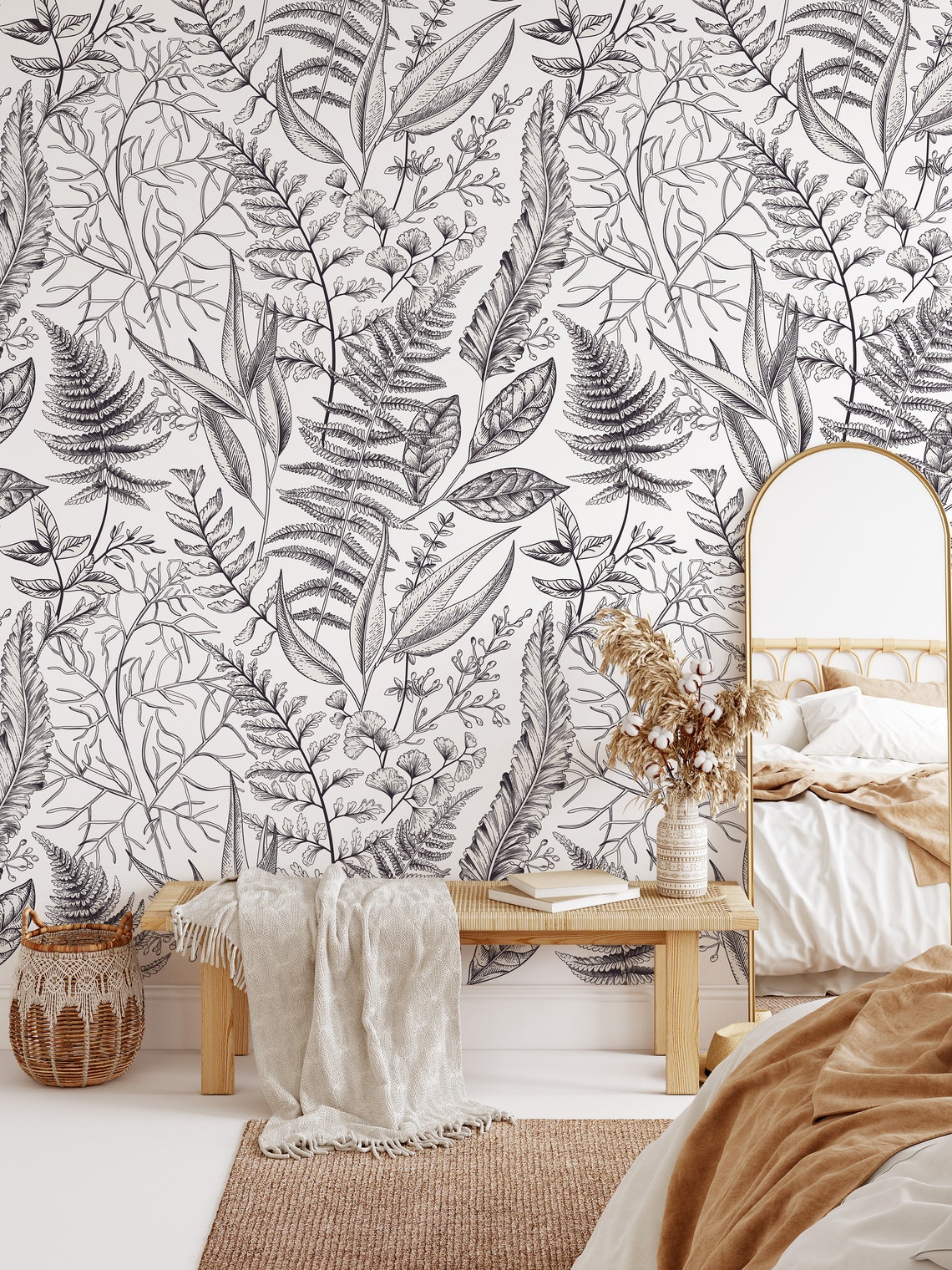 Wallpaper Black and White Botanical Wall Art, Monochrome Wall Art, Fern