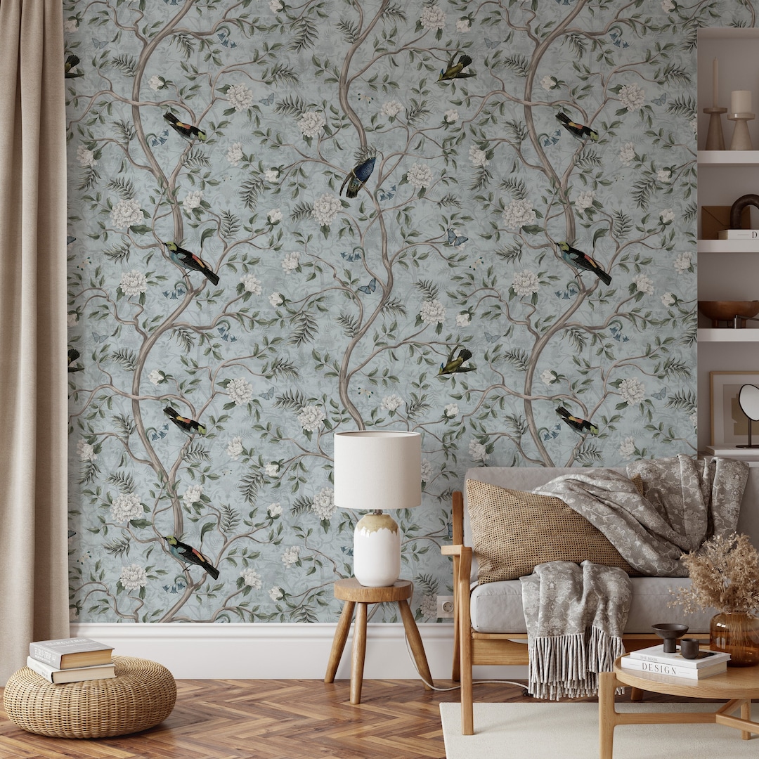 Vintage Bird Wallpaper, Blue Background Wallpaper, Peel and Stick ...