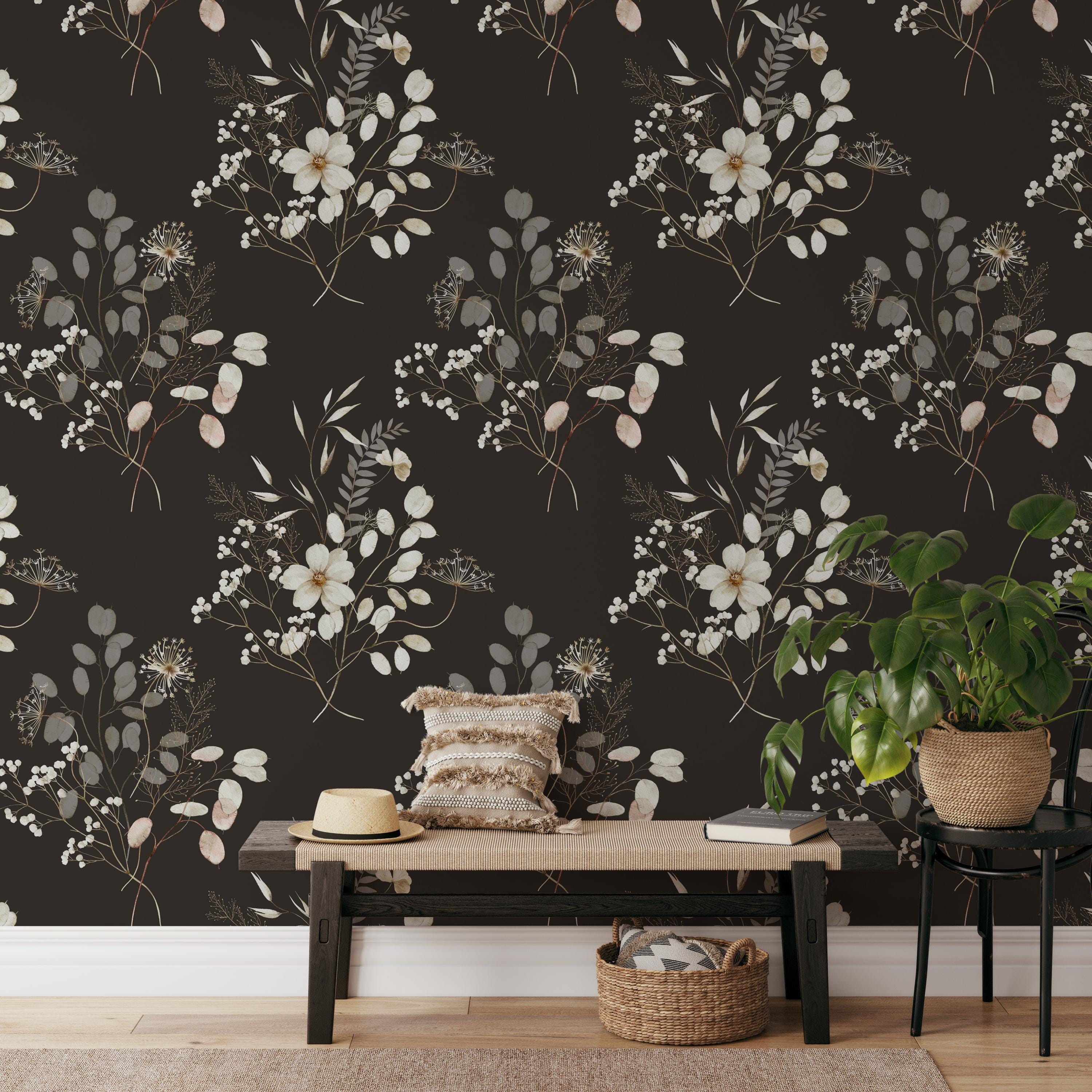 Black Bouquet Floral Wall Decor, Removable Black Wallpaper, Watercolor