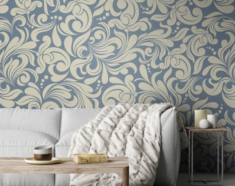 Blue and Beige Damascus Wallpaper | Self Adhesive Wallpaper, Removable Wallpaper, Temporary Wallpaper, Peel and Stick Wallpaper #402