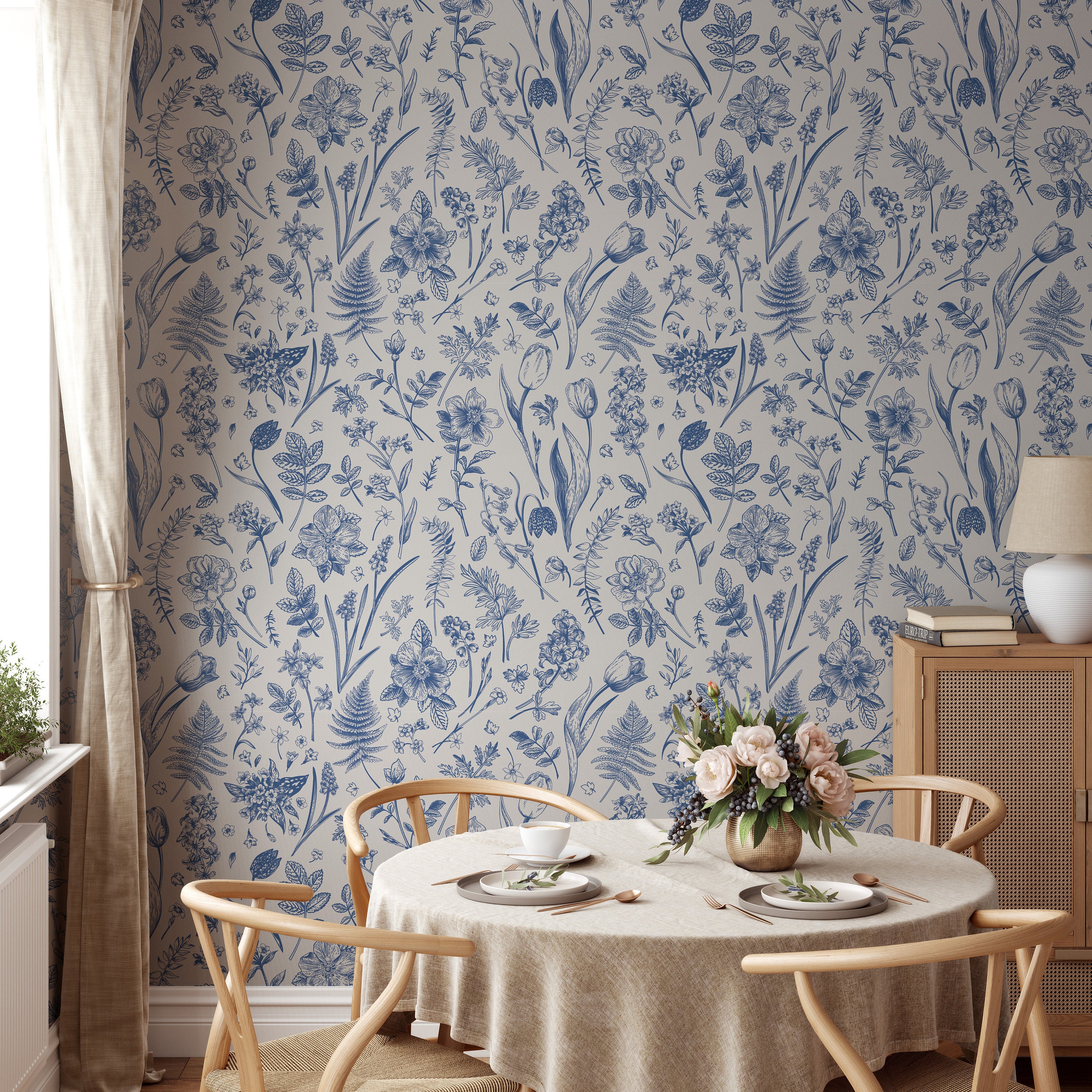 Blue Rural Flowers Wallpaper, Floral Wall Art, Bathroom Blue