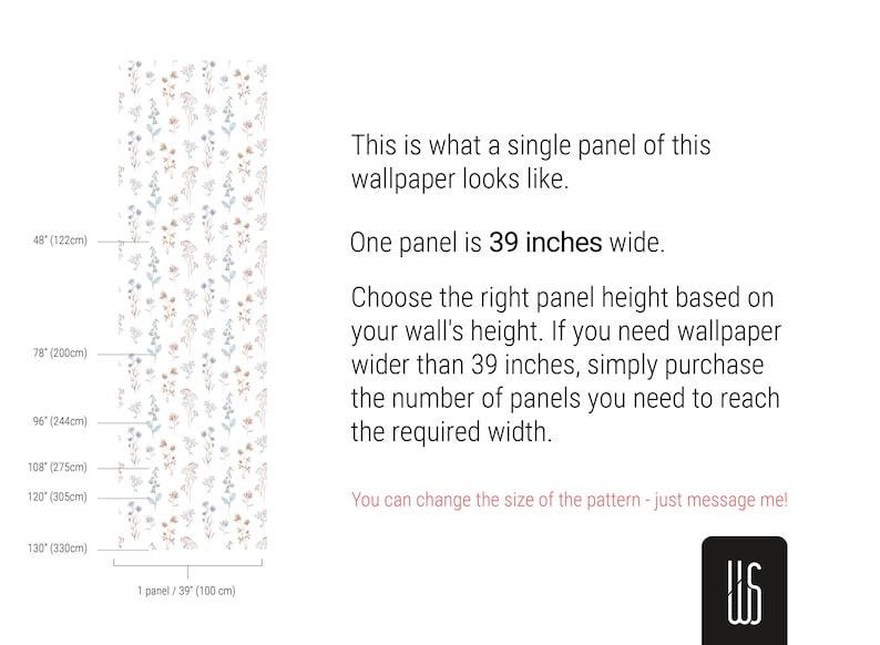 K&ouml;nnte beinhalten: Eine einzelne Tapetenbahn mit floralem Muster, 99 cm breit, mit einem sich wiederholenden Muster aus zarten Blumen in ged&auml;mpften T&ouml;nen. Das Bild enth&auml;lt H&ouml;henmessungen in Zoll und cm sowie Text, der die Breite der Bahn und die Bestellung beschreibt.