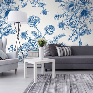 Blue Flora Theme Wallpaper Self Adhesive Wallpaper, Removable Wallpaper, Temporary Wallpaper, Peel and Stick Wallpaper 201 imagen 1