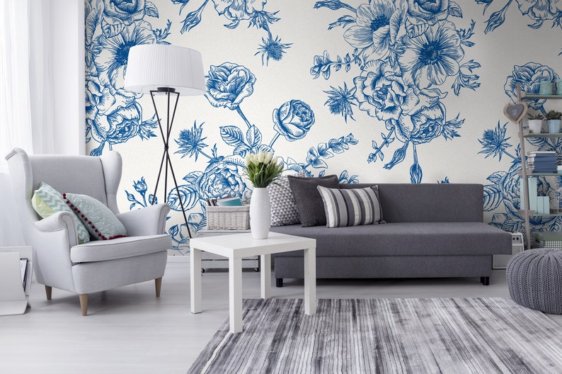 Blue Flora Theme Wallpaper Self Adhesive Wallpaper, Removable Wallpaper, Temporary Wallpaper, Peel and Stick Wallpaper 201 imagen 1