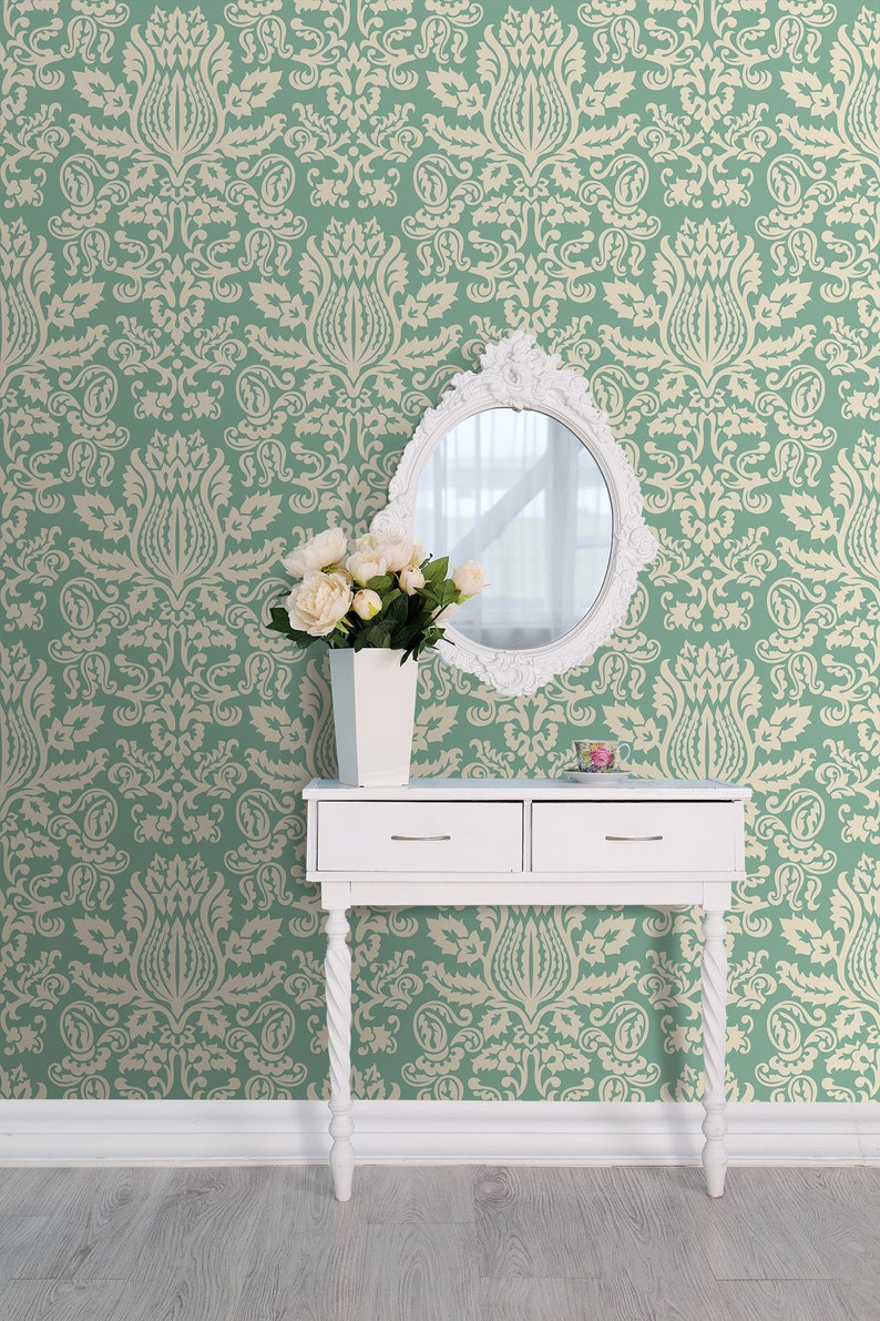 Green Damask Wallpaper Self Adhesive Wallpaper Wall mural Etsy