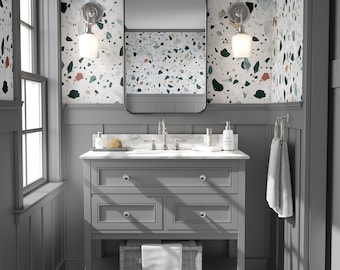 Wallpaper Italian Terrazzo, Peel and Stick Modern Wallpaper, Colorful Print, White Background, Terrazzo Wall Mural,  Vinyl Wallpaper #577