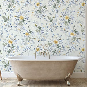 Yellow Spring Flowers Wallpaper, Floral Wall Art, Yellow Wallpaper, Garden Wallpaper, Peel and Stick Wallpaper, Removable Wallpaper #155
