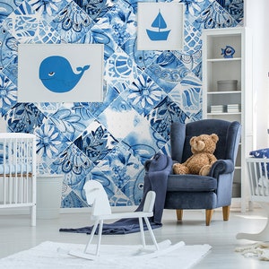 Blue Folk Patchwork Wallpaper | Self Adhesive Wallpaper, Removable Wallpaper, Temporary Wallpaper, Peel and Stick Wallpaper #230