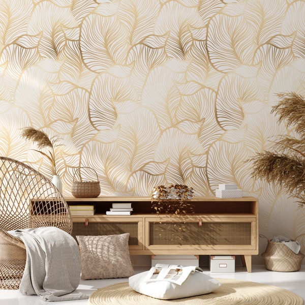 Papel pintado de hojas doradas, papel pintado autoadhesivo, papel pintado removible, papel pintado despegable y pegable, papel pintado de vinilo, decoración de pared vintage n.° 20