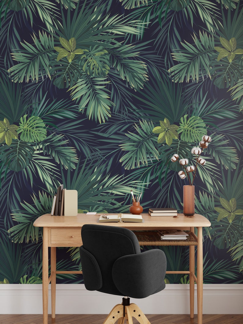 Botanical Jungle Leaves Wall Art, Dark Botanical Wallpaper, Removable Peel and Stick, Exotic Wall Art, Moody Wallpaper, Green Wall Art 123 image 3