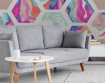 Abstract Watercolor Hexagon Wallpaper | Self Adhesive Wallpaper, Removable Wallpaper, Temporary Wallpaper, Peel and Stick Wallpaper #685