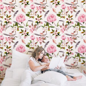 Pink Peony and Feathers Wallpaper | Self Adhesive Wallpaper, Removable Wallpaper, Temporary Wallpaper, Peel and Stick Wallpaper #200