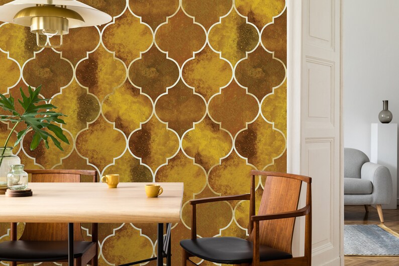 Yellow Moroccan Pattern Wallpaper, Self Adhesive Wallpaper, Removable Wallpaper, Temporary Wallpaper, Peel and Stick Wallpaper 507 image 2