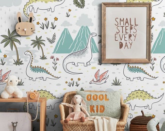 Doodle Dinosaur Wallpaper, Kids Room Decoration, Dino Wall Art, Cute Wallpaper, Peel and Stick Wallpaper, Safe For Kids Wallpaper #563