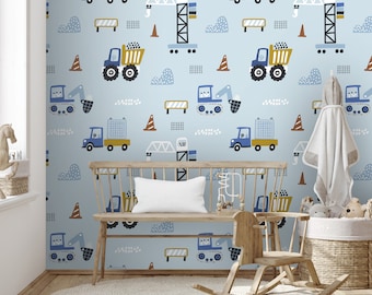 Fun Boys Room Wallpaper, Blue Trucks Wall Art, Child Room Wallpaper, Blue Wallpaper, Nursery Wallpaper, Peel and Stick Wallpaper #1250