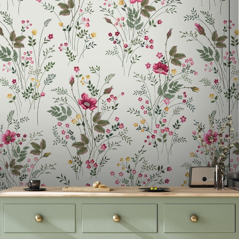 Meadow Flowers Wallpaper, Bright Wallpaper, Peel and Stick Wallpaper, Floral Wall Decor, Herb Print Wall Decor, Removable Wallpaper #438 image 1