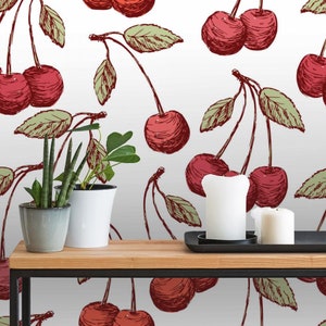 Watercolor Cherry Wallpaper | Self Adhesive Wallpaper, Removable Wallpaper, Temporary Wallpaper, Peel and Stick Wallpaper #789