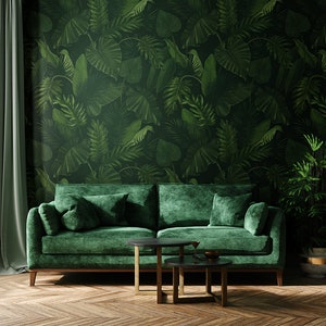 Botanical Dark Leaves Wallpaper, Self Adhesive Wallpaper, Removable Wallpaper, Peel and Stick, Dark Green Wallpaper, Vintage Wall Art #1014