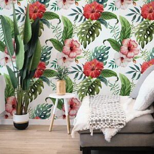 Pink Tropical Flora Wallpaper | Self Adhesive Wallpaper, Removable Wallpaper, Temporary Wallpaper, Peel and Stick Wallpaper #103
