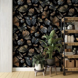 Dark butterflies wallpaper, vintage 70s wallpaper, butterfly, black wallpaper, moody wall art, peel and stick or regular wallpaper #1065