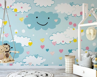 Carta da parati Happy Clouds Kids / Carta da parati autoadesiva, carta da parati rimovibile, carta da parati temporanea, carta da parati staccabile e attaccabile #139
