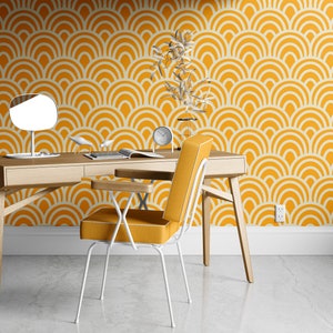 Papier peint amovible, papier peint des années 70, Seigaiha jaune, décoration murale géométrique, papier peint autocollant, papier peint en vinyle, décoration de chambre rétro #496