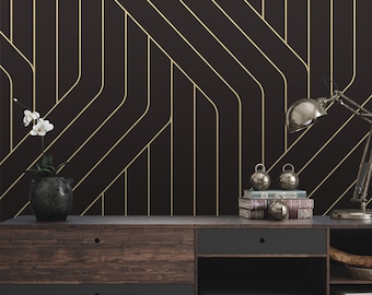 Gold Color Lines Wallpaper, Art Deco Wallpaper, Dark Background Wall Art, Temporary Wallpaper, Peel and Stick Wallpaper, Retro Wall Art #786