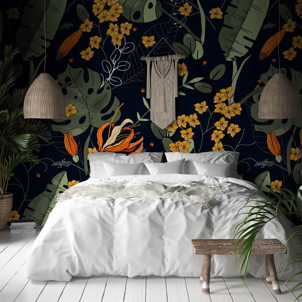 Wild and Exotic Flora Wallpaper | Self Adhesive Wallpaper, Removable Wallpaper, Temporary Wallpaper, Peel and Stick Wallpaper #205