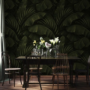 Tropical Banana Leaves Wallpaper, Peel and Stick Wallpaper, Dark Botanical, Exotic Print, Big Leaves, Home Decor, Removable Wallpaper 1009 Bild 2