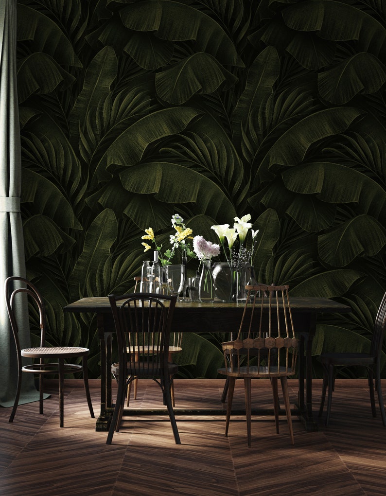 Tropical Banana Leaves Wallpaper, Peel and Stick Wallpaper, Dark Botanical, Exotic Print, Big Leaves, Home Decor, Removable Wallpaper 1009 Bild 2