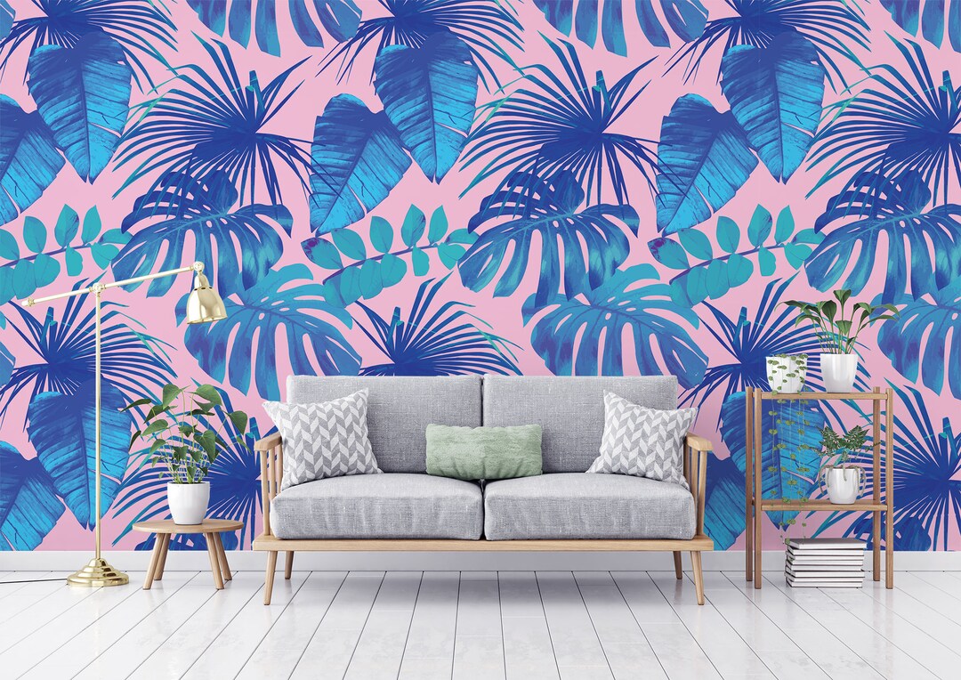 Blue Leaves on Pink Wallpaper Self Adhesive Wallpaper, Removable