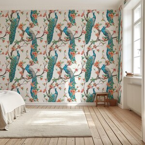 Large peacock wallpaper, blue bird vinyl wallpaper, animal wall art, removable peel and stick or non pasted wallpaper - #162
