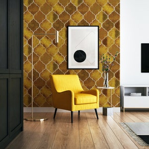 Yellow Moroccan Pattern Wallpaper, Self Adhesive Wallpaper, Removable Wallpaper, Temporary Wallpaper, Peel and Stick Wallpaper #507