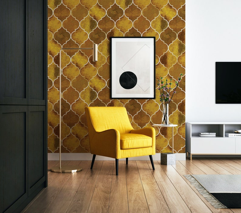 Yellow Moroccan Pattern Wallpaper, Self Adhesive Wallpaper, Removable Wallpaper, Temporary Wallpaper, Peel and Stick Wallpaper 507 image 3