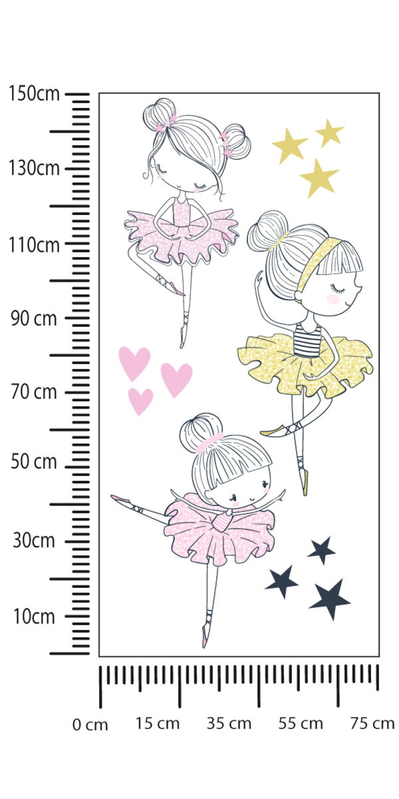 May include: Three illustrations of ballerinas in pink and yellow tutus with stars and hearts. The ballerinas are drawn in a simple, whimsical style.