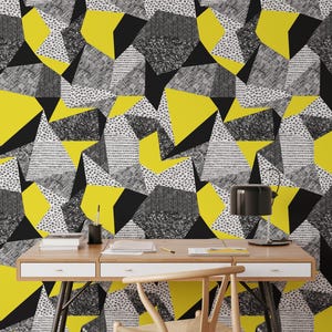 Yellow Shapes Wallpaper, Geometric Wall Art, Vintage Wallpaper, Office Wallpaper, Industrial Wallpaper, Vinyl Wallpaper, Peel and Stick #330