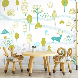 Green Forest Kids Wallpaper | Self Adhesive Wallpaper, Removable Wallpaper, Temporary Wallpaper, Peel and Stick Wallpaper #285